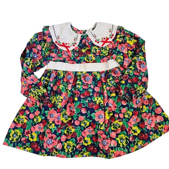 Vintage‎ 90s Girls 4T Party Dress Floral Cherry Print Bows Embroidered Peter Pan